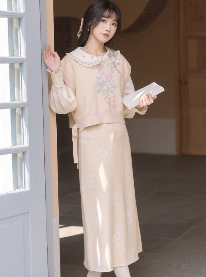 Vest Skirt Sweater + Yellow Jacquard Knit + Ribbon Knit