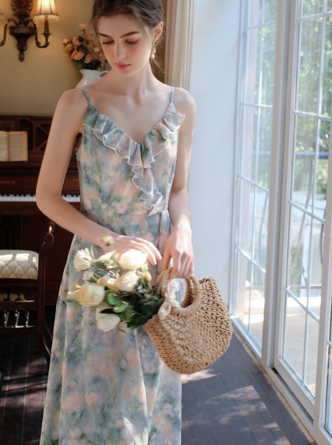 モーニングスモーク + キャミソールドレス ブルーブラウス ミストシフォン