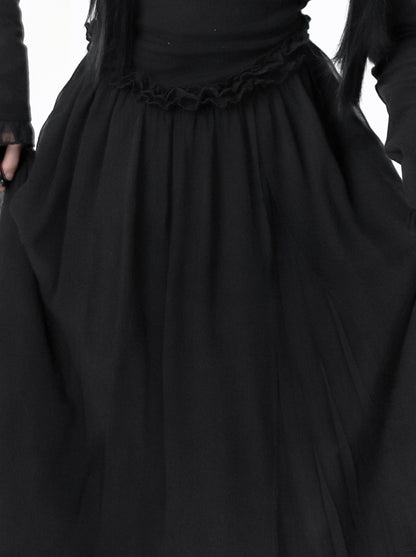 China Hoight Black Knit Springing Waist Frill Turu Dress