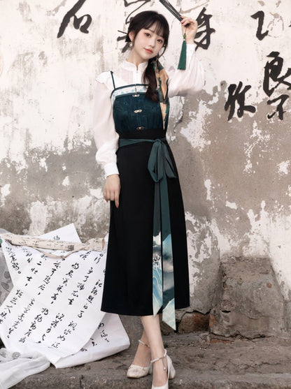 China Hosenträger Bluse Grün Dunkel + Rock + Schal