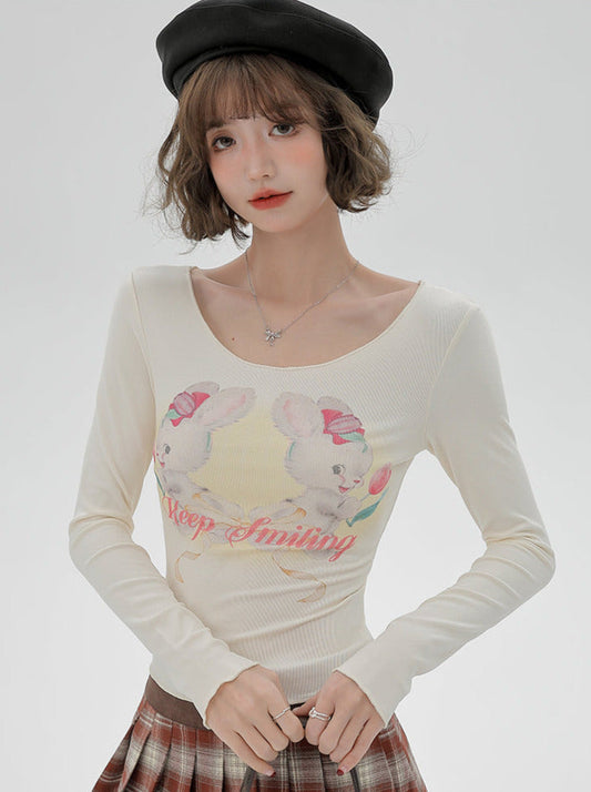 Kurzes langes T-Shirt mit Kaninchen-Print, süß
