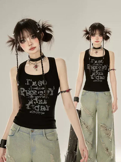 Tank Letter Schwarzes Top Amerikanischer Designdruck