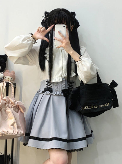 カラースリープフリルスタンドボリュームリボンシャツ