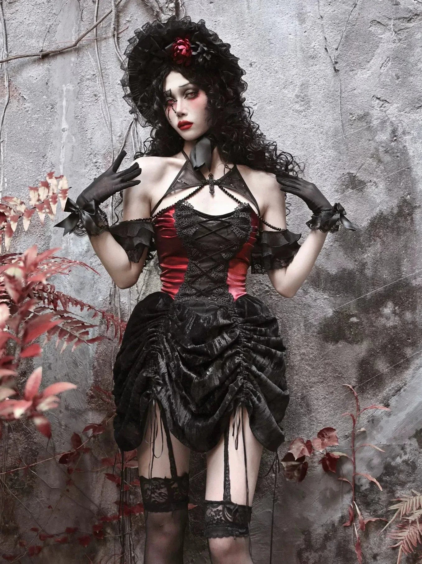 Bustier Gothic Neck Spider Kordelzug Samtkleid Neckholder