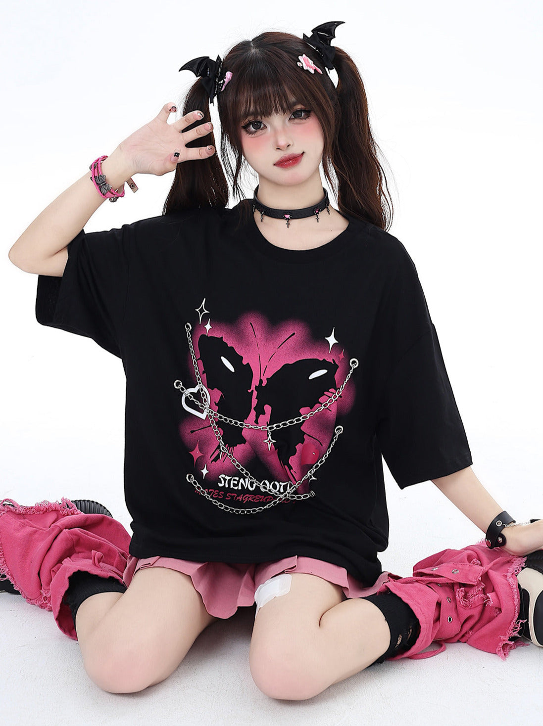 チェーンバタフライパンクロックアメリカンTシャツメタルプリント