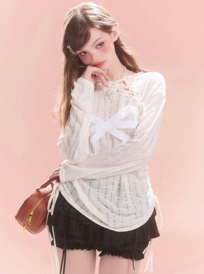 Transparentes, asymmetrisches Spitzenoberteil mit Schleife