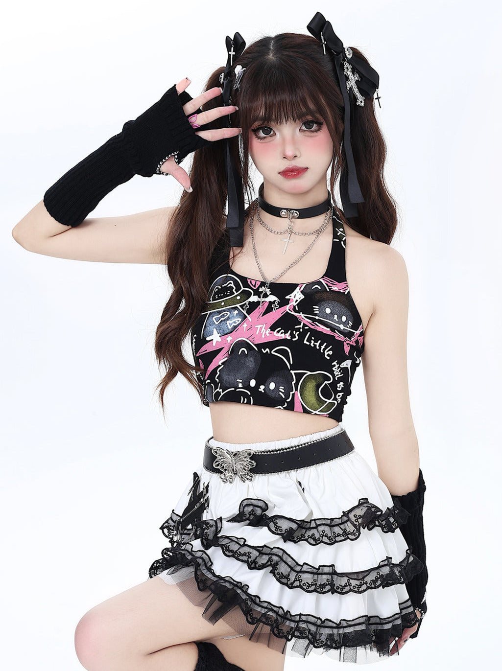 Pure Cute Print Neckholder Top Graffiti Katze