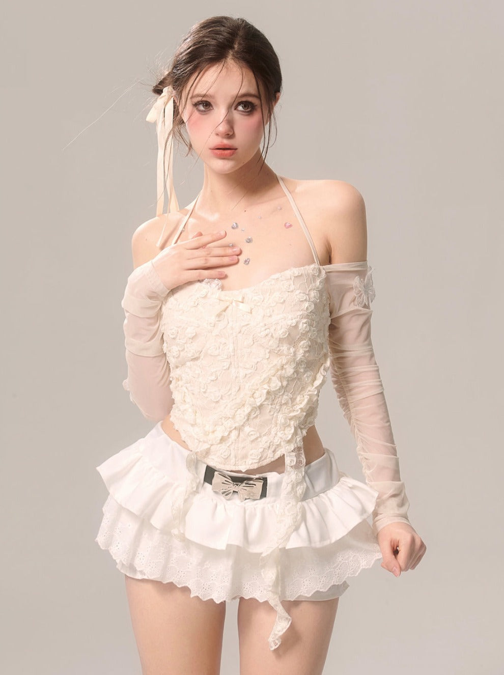 パールリボンスカート ホワイトフレンチパンツ レースフレア ホワイトアイ