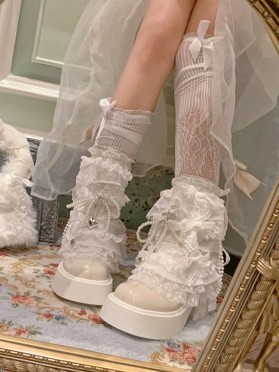 35-39 Retro Pearl Lace Platform Heel Ankle Boots