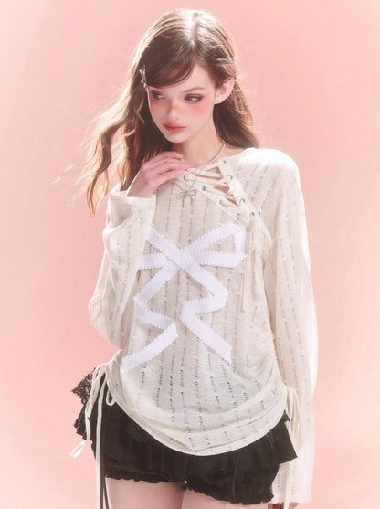 Transparentes, asymmetrisches Spitzenoberteil mit Schleife