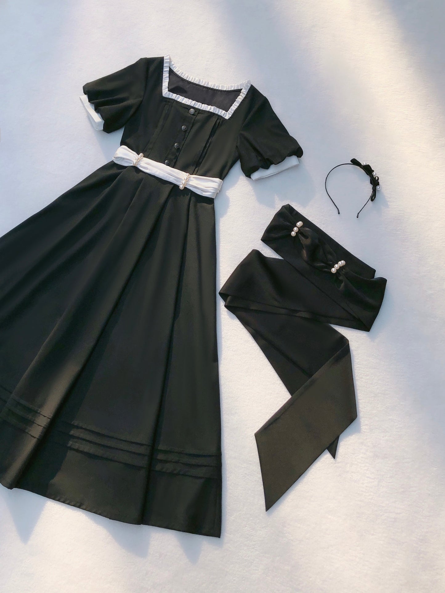 スクエアブラックパールウエストネックレスフレンチカラードレスブラックリボンキャットスーツレトロ