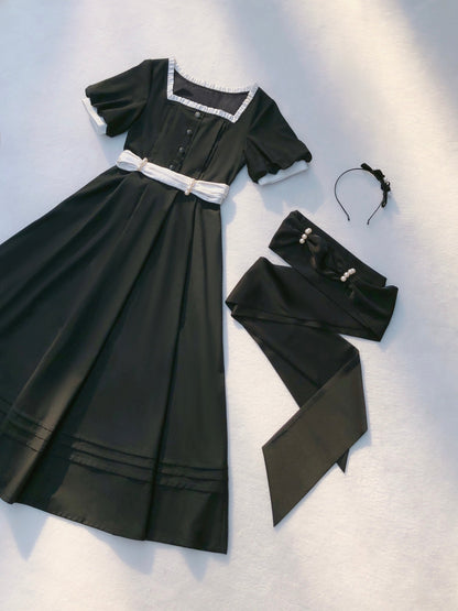 スクエアブラックパールウエストネックレスフレンチカラードレスブラックリボンキャットスーツレトロ