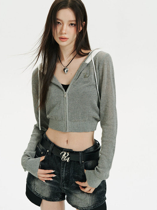 Kurzer/langer Hoodie aus transparentem Netzstrick mit Reißverschluss