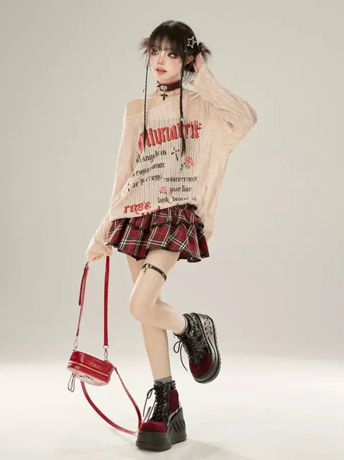 ニットアプリコットTロングプリントレターオフショルダーレイジー