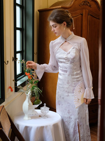 レトロなパープルフラワーのシアードレスカーディガンチャイナ