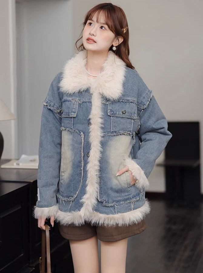 キルティングラペルブルーデニムジャケット