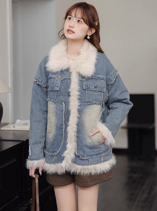 キルティングラペルブルーデニムジャケット