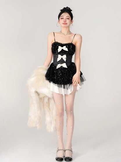 Sequined Flare Triple-ribbon Camisole Dress