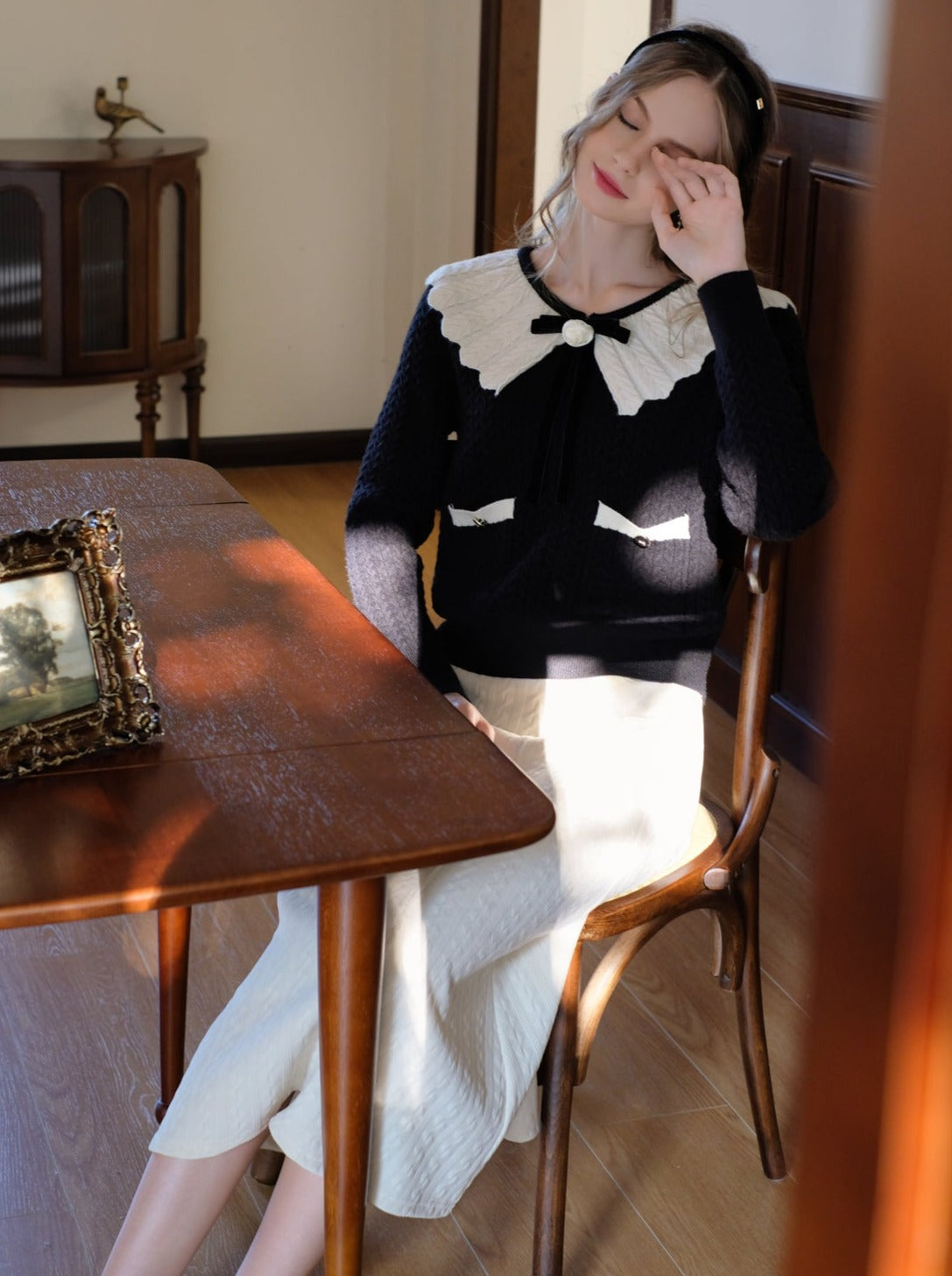 セーターブロックウェブリボンレトロラペルフレンチカラーカーディガン