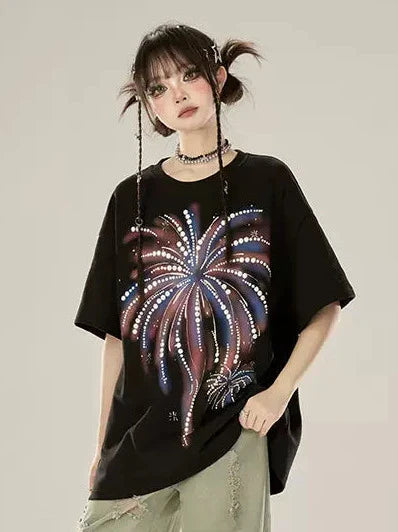 Loose T-shirt Fireworks Black Print
