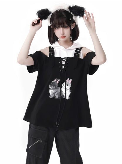 Summer Design Straps Pants Rabbit Off-Shoulder Black White Hoodie Tops Suit