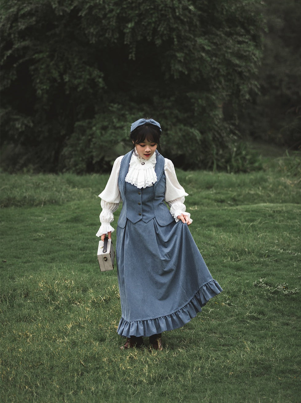 Vest Retro Colored Classical + Long Flared Blouse Skirt