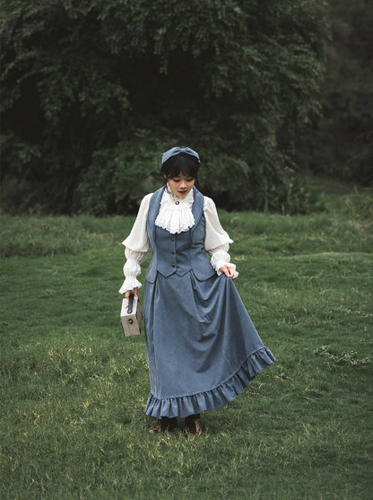 Vest Retro Colored Classical + Long Flared Blouse Skirt