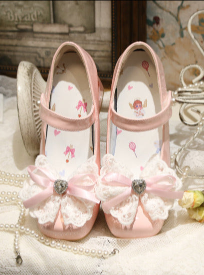 エレガントなフレンチスクエアレースリボンシューズヒールトゥロリータラブ