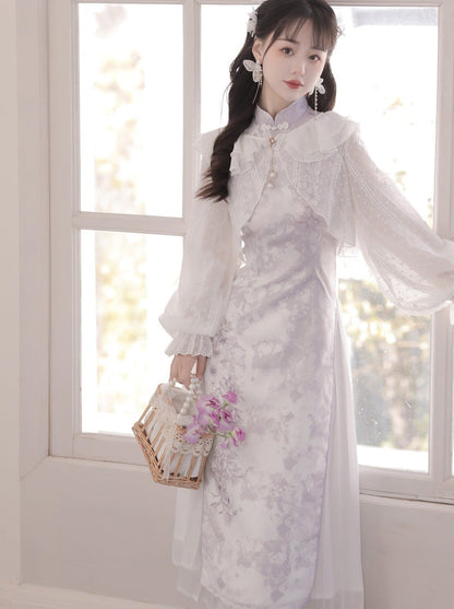 フリルチャイナドレス + 紫のカーディガン 薄手の花柄