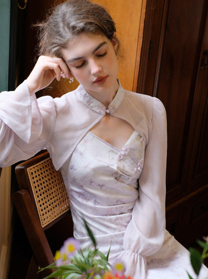 レトロなパープルフラワーのシアードレスカーディガンチャイナ