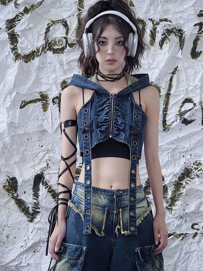 Bass Player Denim Hooded Punk Vest | WSW