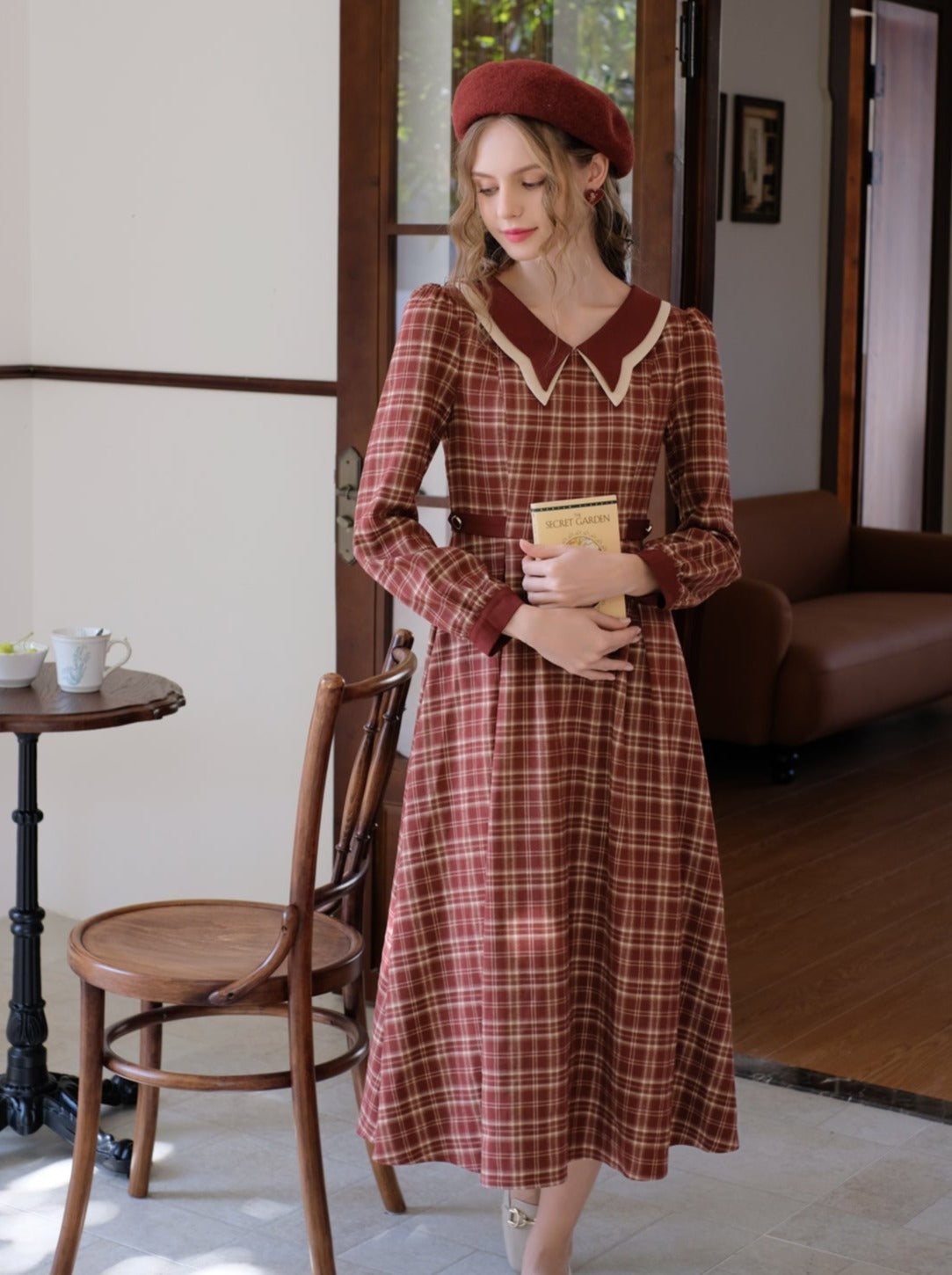 チェックドレス ラテ バタフライ レトロ ブラック ティーカラー フレンチ