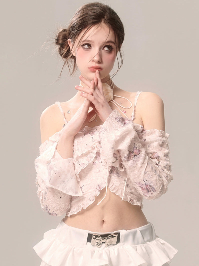 Chiffon-Top mit Rüschenträgern und Schmetterlings-Ausschnitt, schulterfrei, Spitze