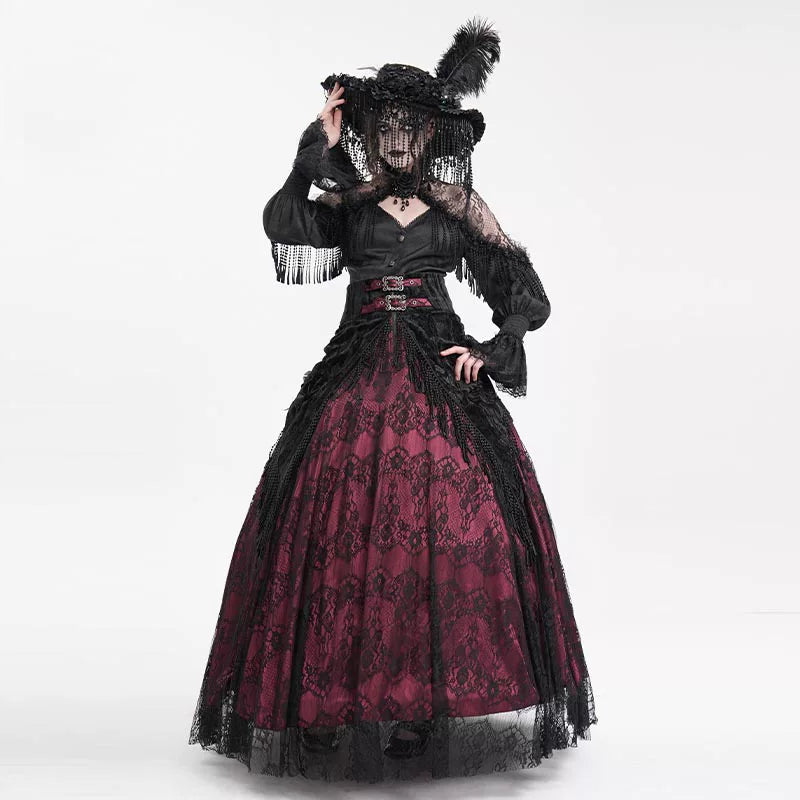 EVA LADY High-Waist Rose Embossed Velvet Fringe Skirt