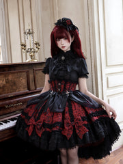 Red Cross Spider Bow Lolita blouse and skirt styled on a model