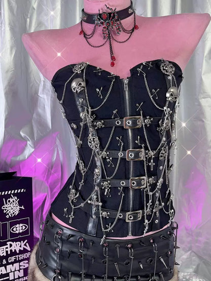 Y2K Punk Gothic Slim Fit Leather Buckle Skull Cross Chain Tube Top