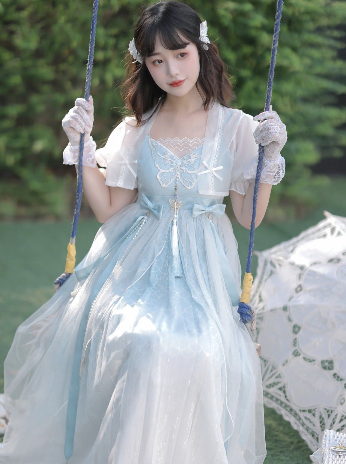 Blaues, durchsichtiges Sommerkleid mit Schalkragen + Lolita-Chinesisch