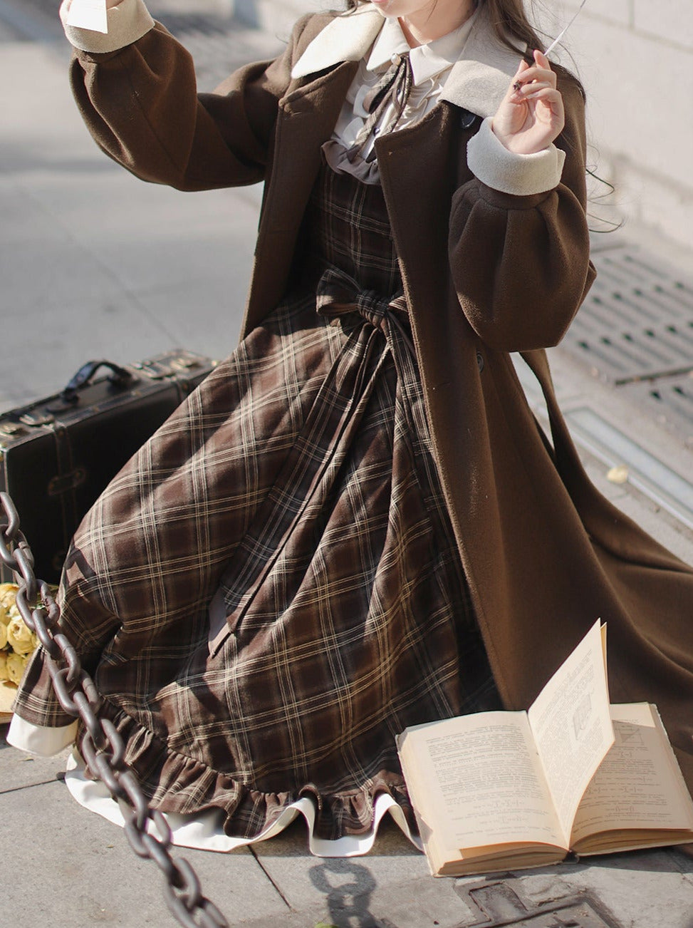 Sleeveless Coat Belt  Ribbon Classic Layered Accessory Dress Brown Check Retro Pearl Volume