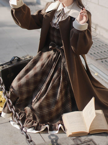 Sleeveless Coat Belt  Ribbon Classic Layered Accessory Dress Brown Check Retro Pearl Volume