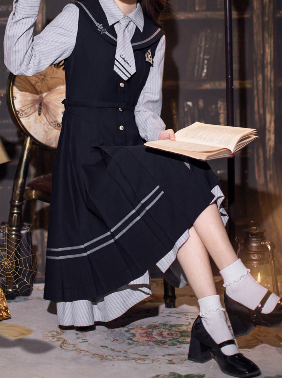 Hemdkleid Farbe + Krawatte Plissee Marine Anzug Gestreift Abzeichen Retro Magic Dress Academy