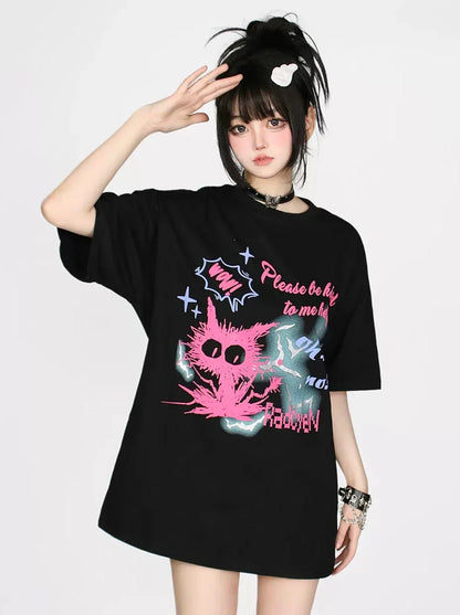 Cat T-Shirt Print Contrast Color Cartoon