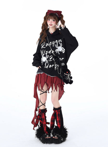 Print Hoodie Kapuzenleder American Spider Schnalle Street Graffiti