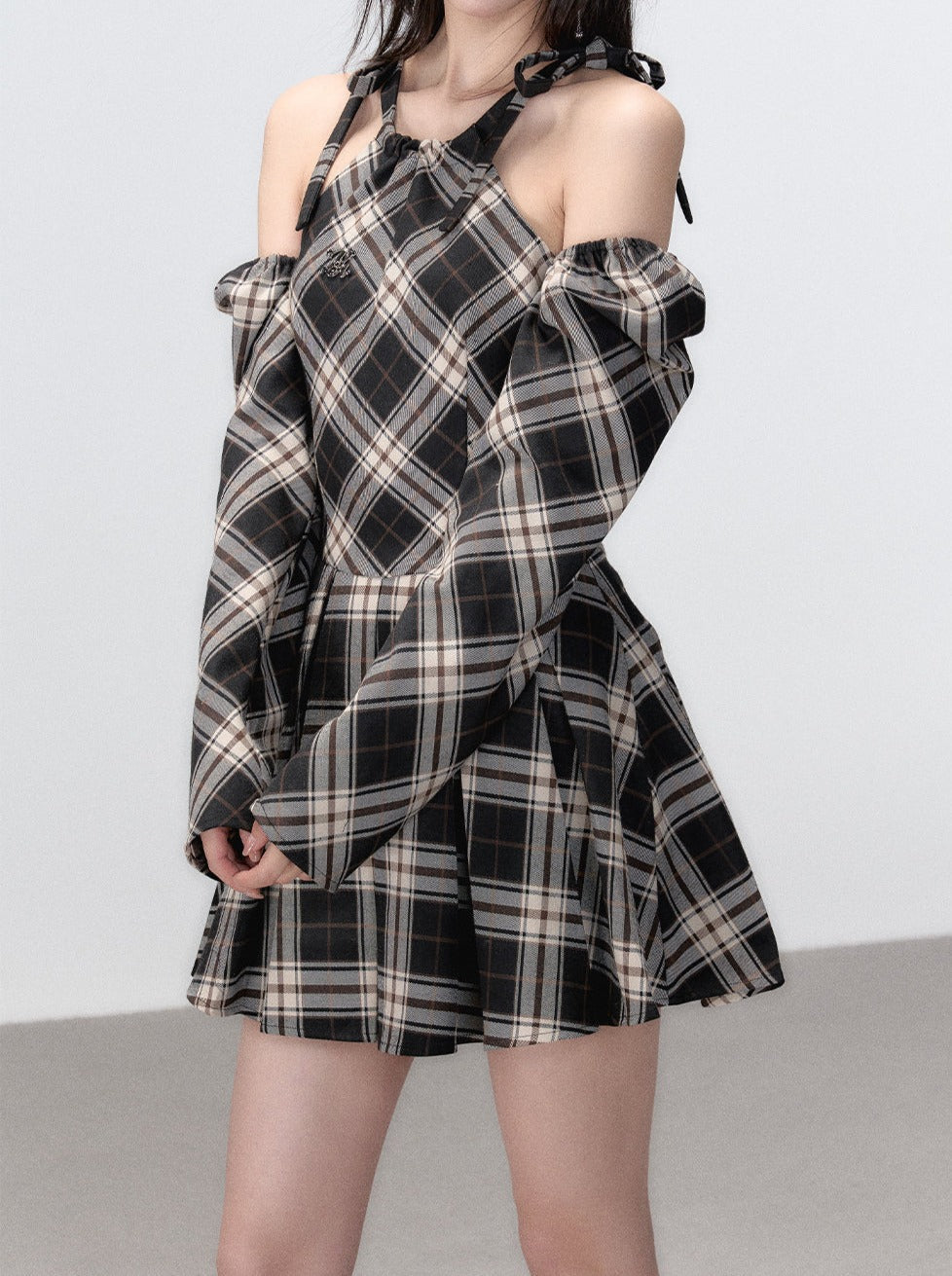 Line Ribbon Suspender Dress French Check