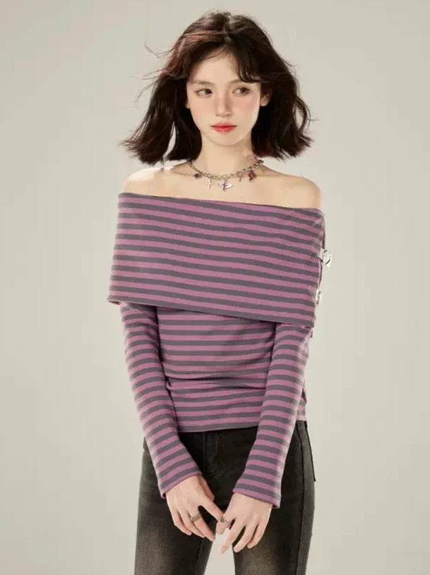 T Lila Off-the-shoulder Long Stripe