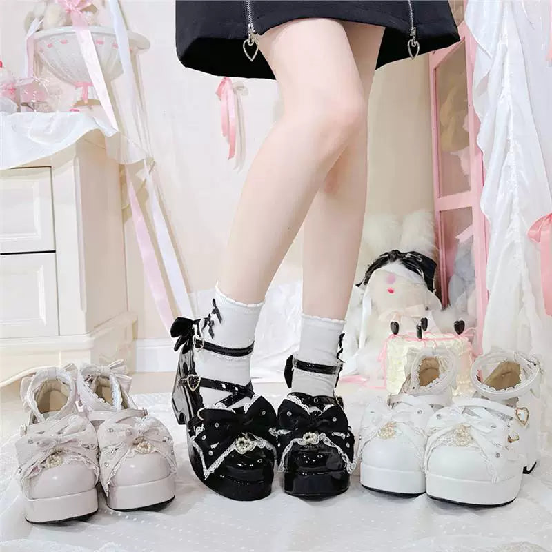 Four colorways of TRANSFER bow platform Mary Jane shoes styled on model