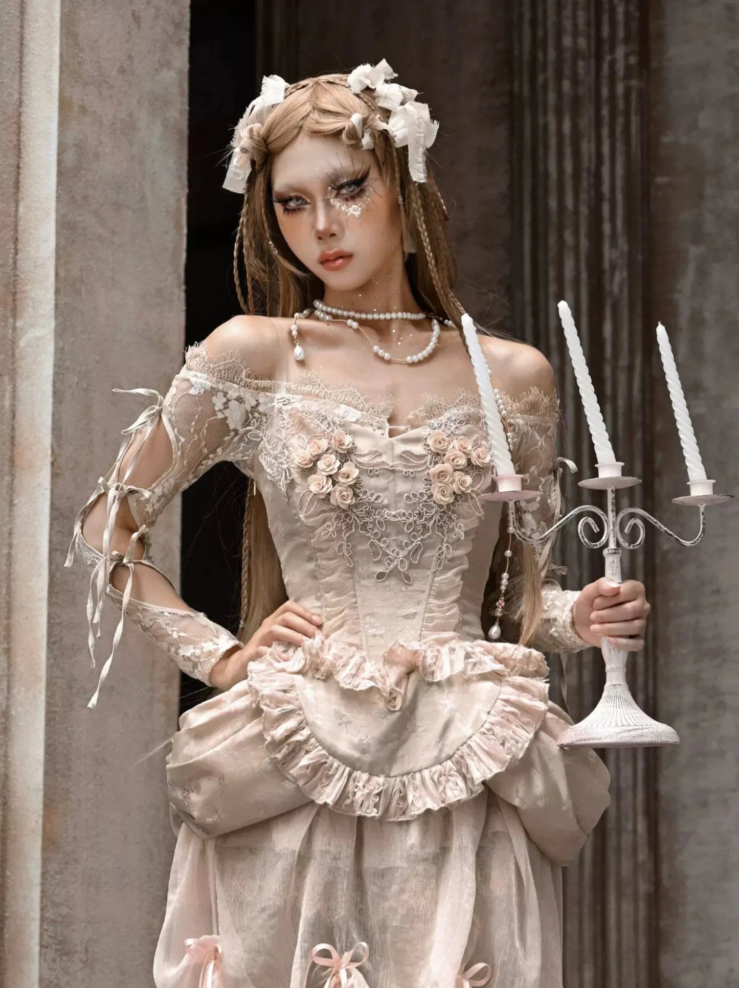 コートストラップレースバレエカーディガントップスクロシェスリーブインナーオフショルダー