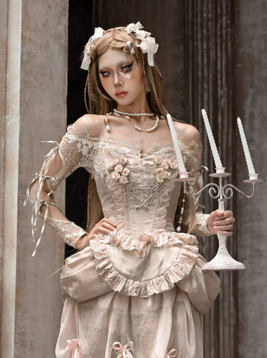 コートストラップレースバレエカーディガントップスクロシェスリーブインナーオフショルダー