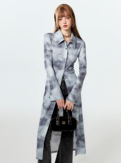 Printed Tops Polo Long Blue