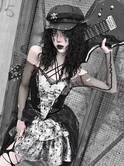 PUサスペンダーパンクホルターネックメッシュメタリックオフショルダーチュール+トップドレスシアー