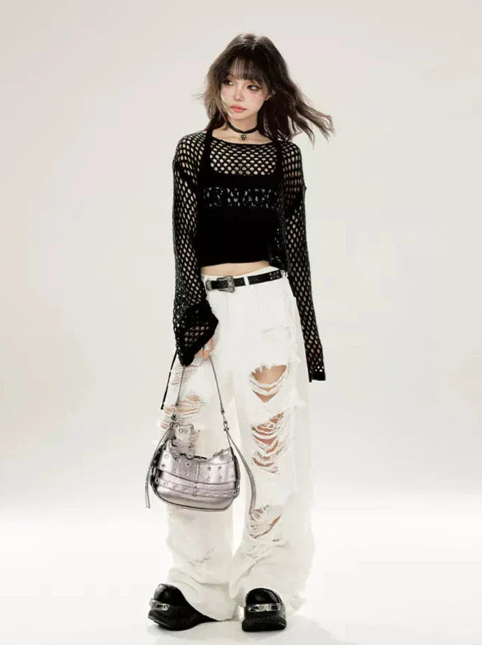 Pullover Black Sheer Loose Knit Cutout